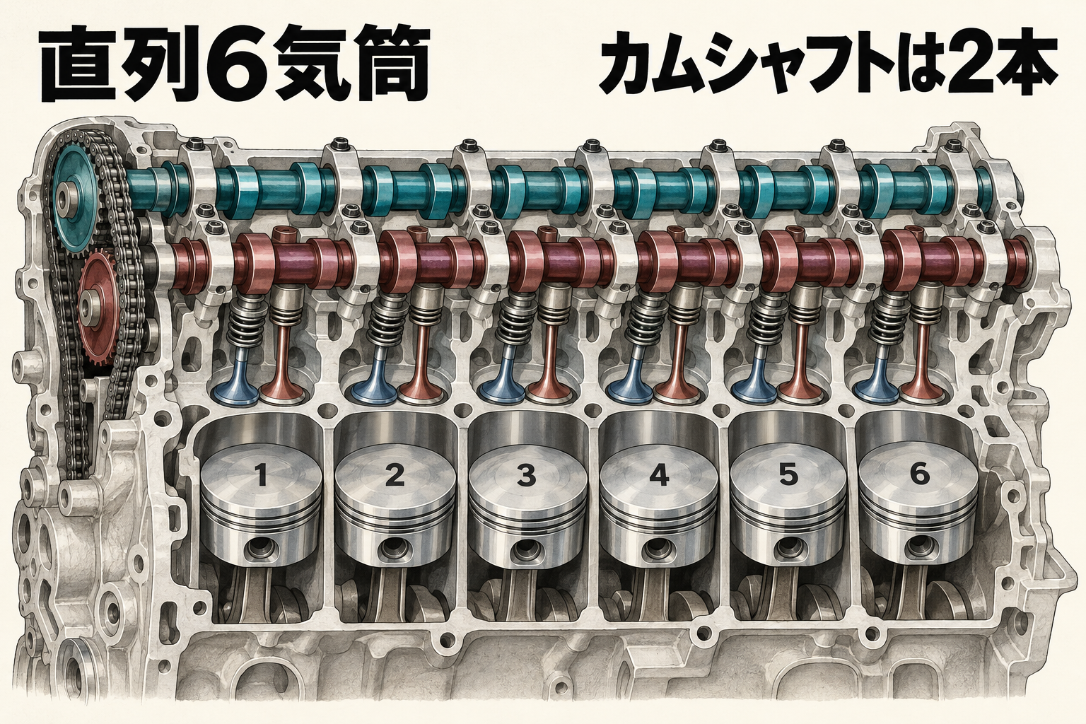 六つの気筒に沿って二本のカムシャフトを配するDOHCの機能イメージ