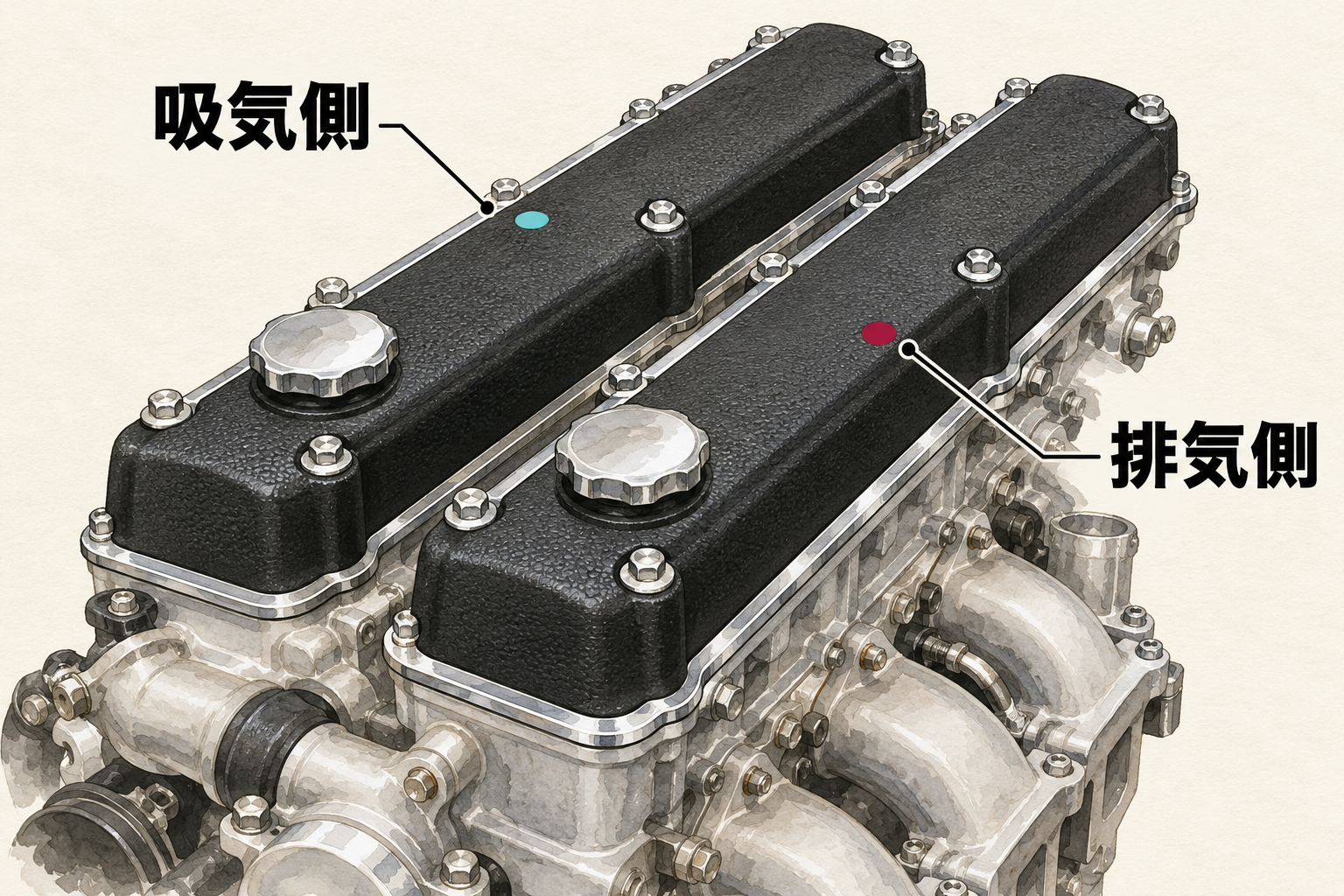 吸気側と排気側の二本の長いカムカバーを描いたイメージ