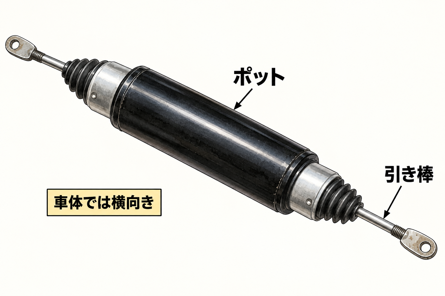 太い円筒のポットと両端の細い引き棒を描いた部品イラスト