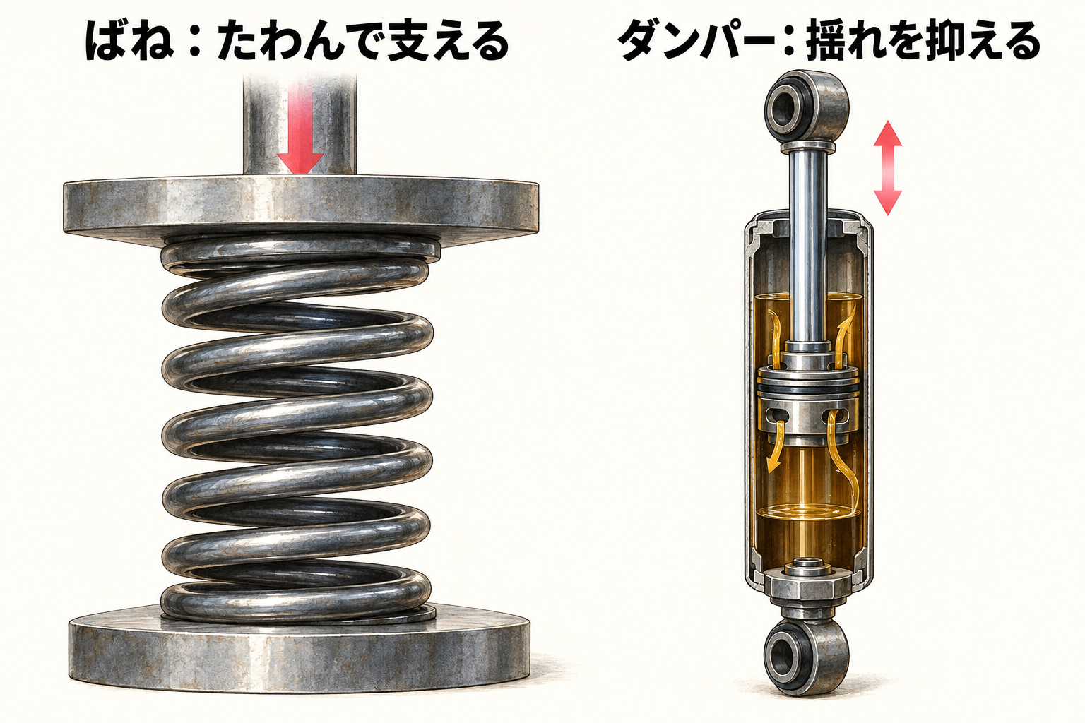 支えるばねと揺れを抑えるダンパーを別々の部品例で比べる図