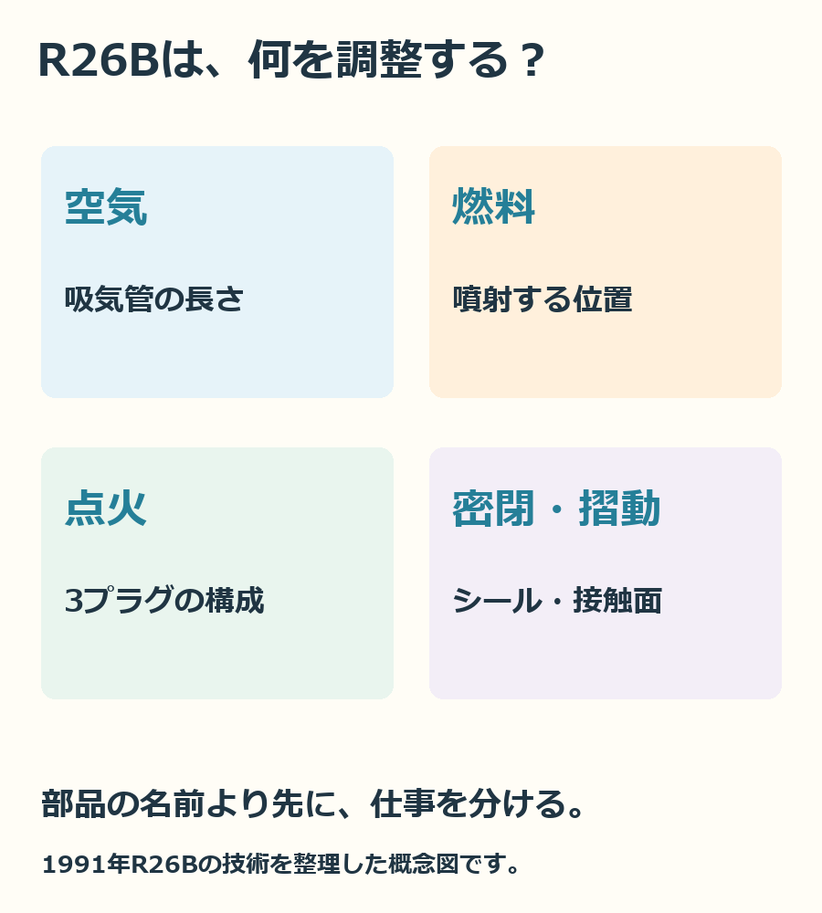 空気、燃料、点火、密閉と摩擦を分けて見るための整理図。実機の配置図ではありません。