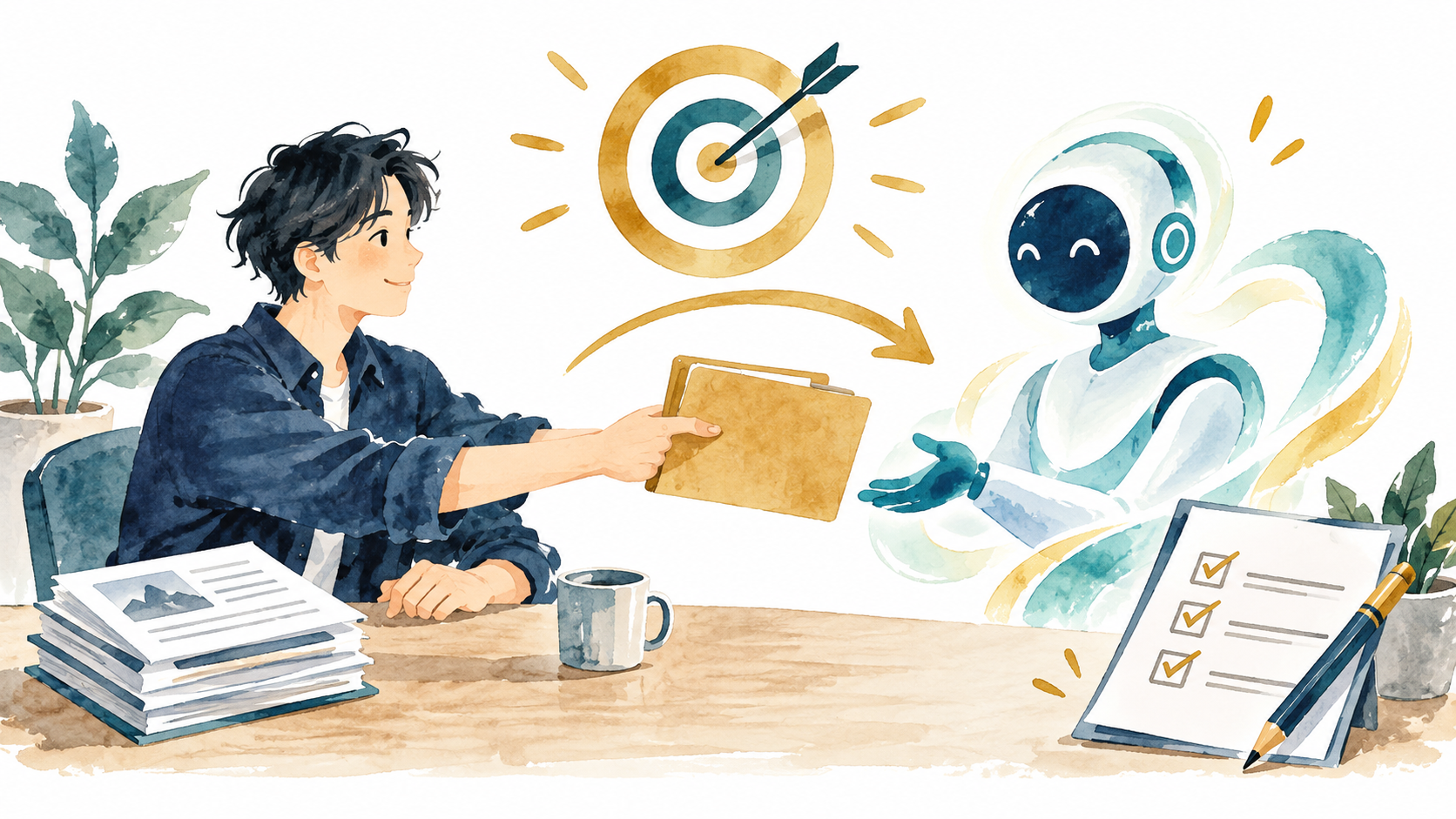 目的と完成条件を整理してAIに仕事を渡す概念イラスト