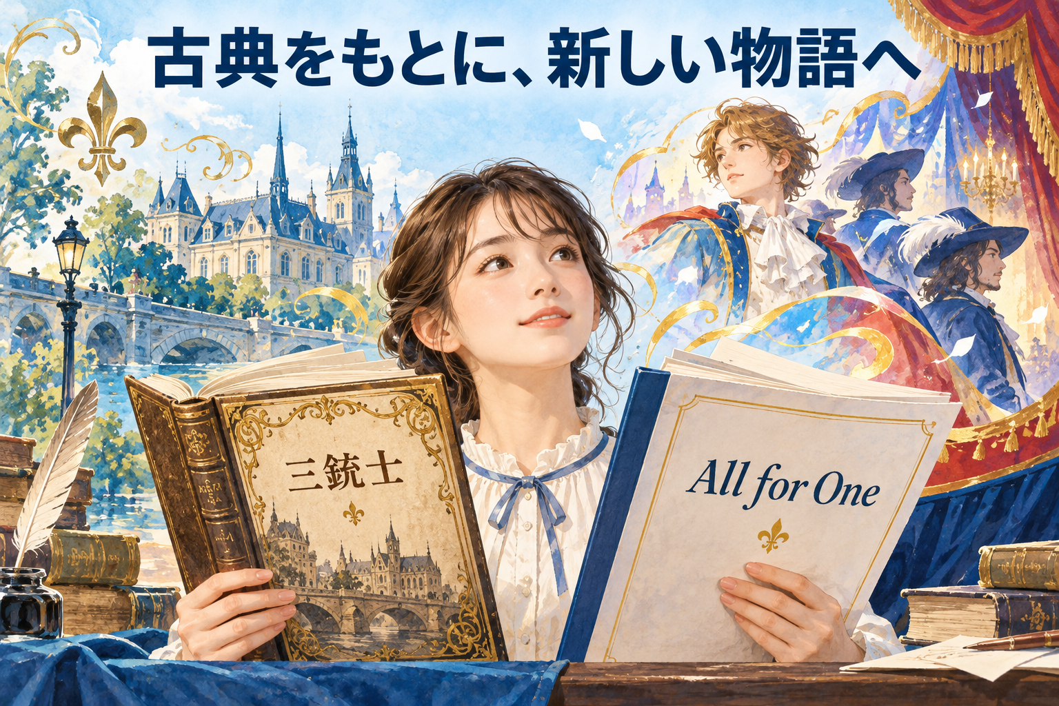 デュマの原案と宝塚の新しい物語を別の本で描いたイラスト