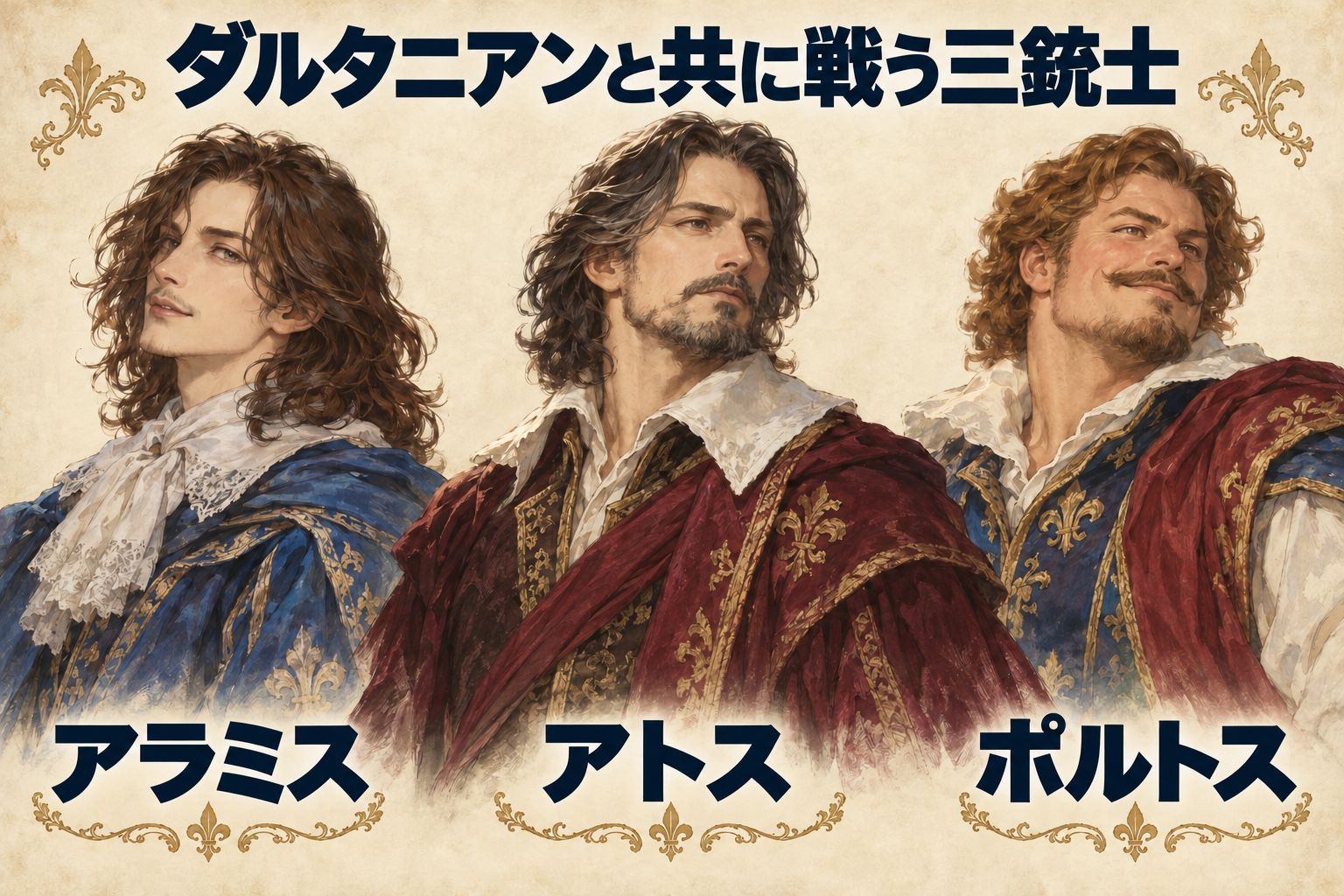 アラミス、アトス、ポルトスの三銃士を並べた人物イラスト