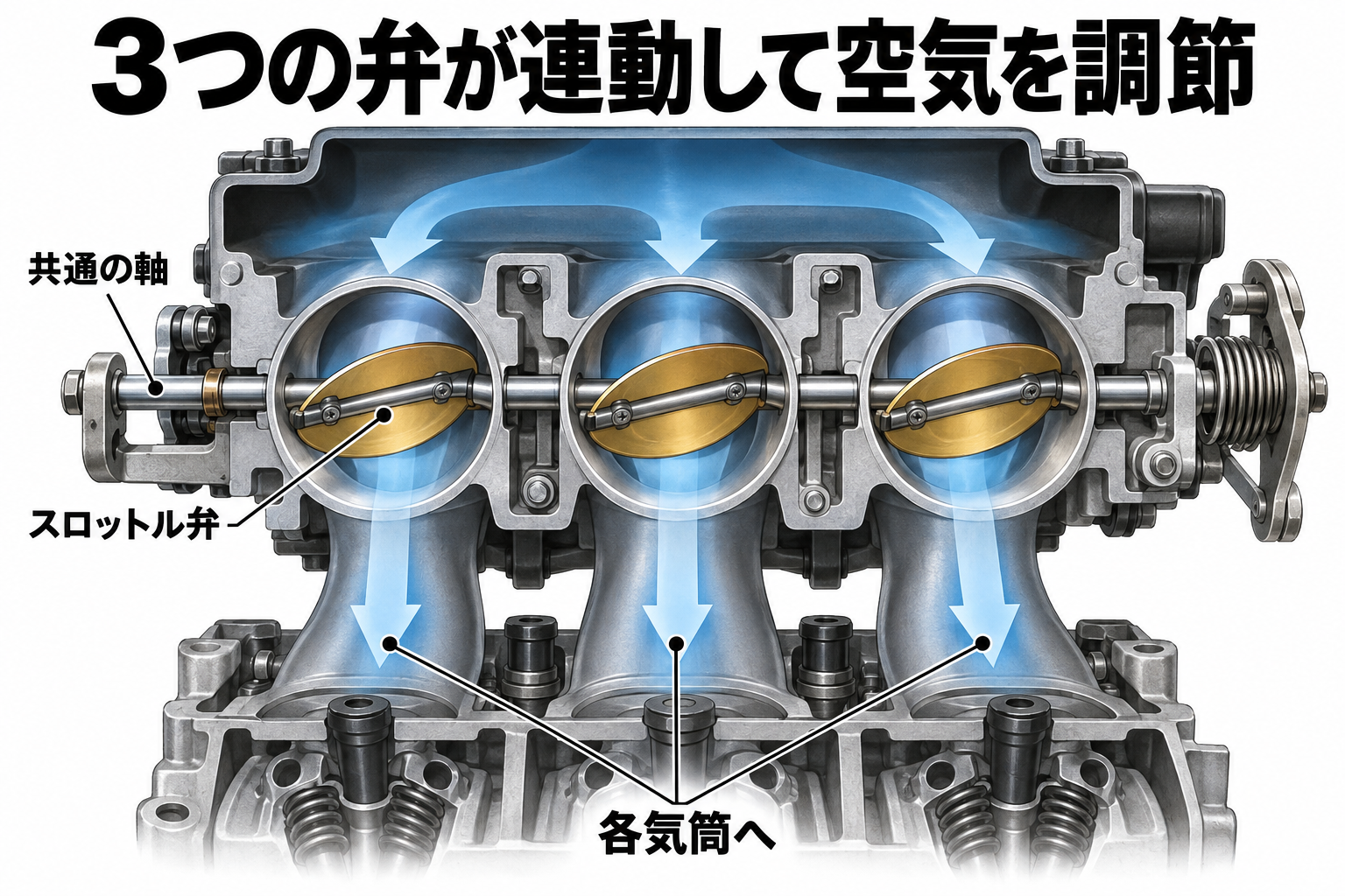 共通の連動機構で動く三つの吸気弁の概念図