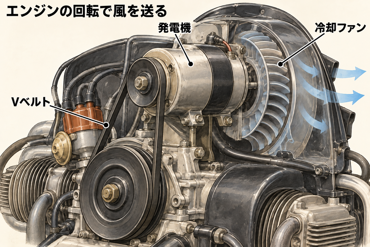 Vベルトが発電機と冷却ファンを駆動する関係を描く機能図
