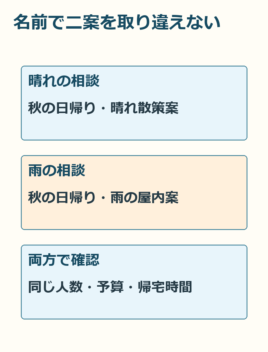 晴れ案と雨案に条件の分かる名前を付け、共通条件も照合する整理例。