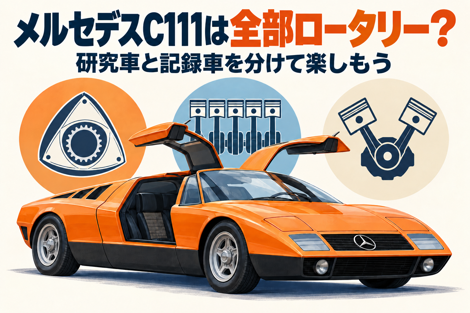 メルセデスC111とロータリー・直列5気筒・V8の構成を紹介するオリジナルイラスト