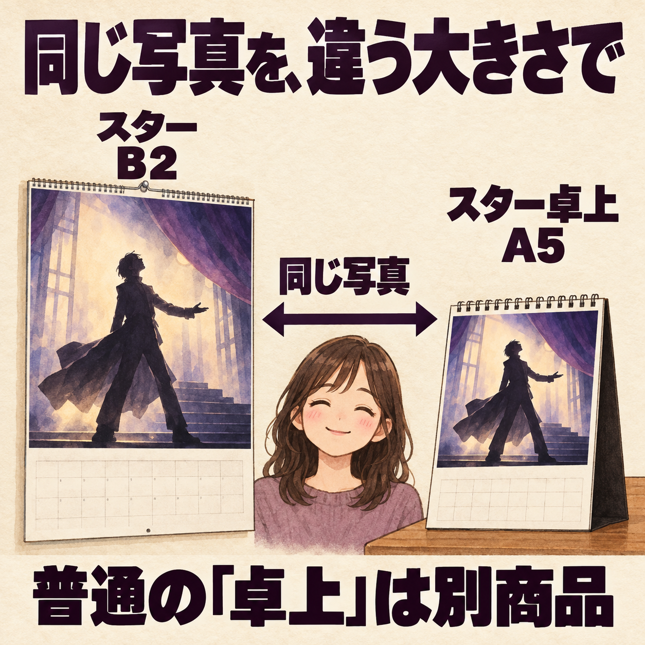 同じ写真のスターB2とスター卓上A5、別商品の卓上を区別するイラスト
