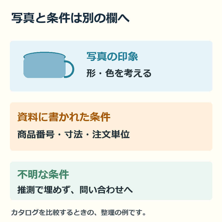 写真から受ける印象と、注文条件として記載された事実は、別々に整理します。