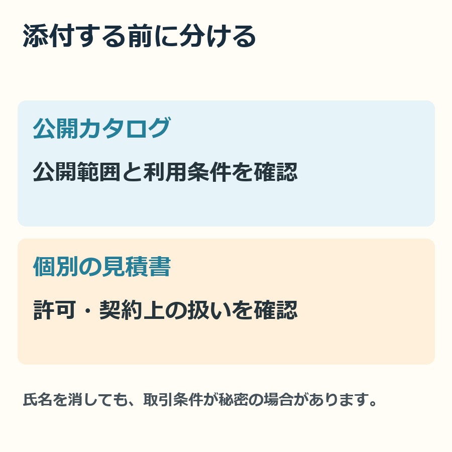 公開資料と、許可の確認が必要な取引書類を、添付する前に分けます。