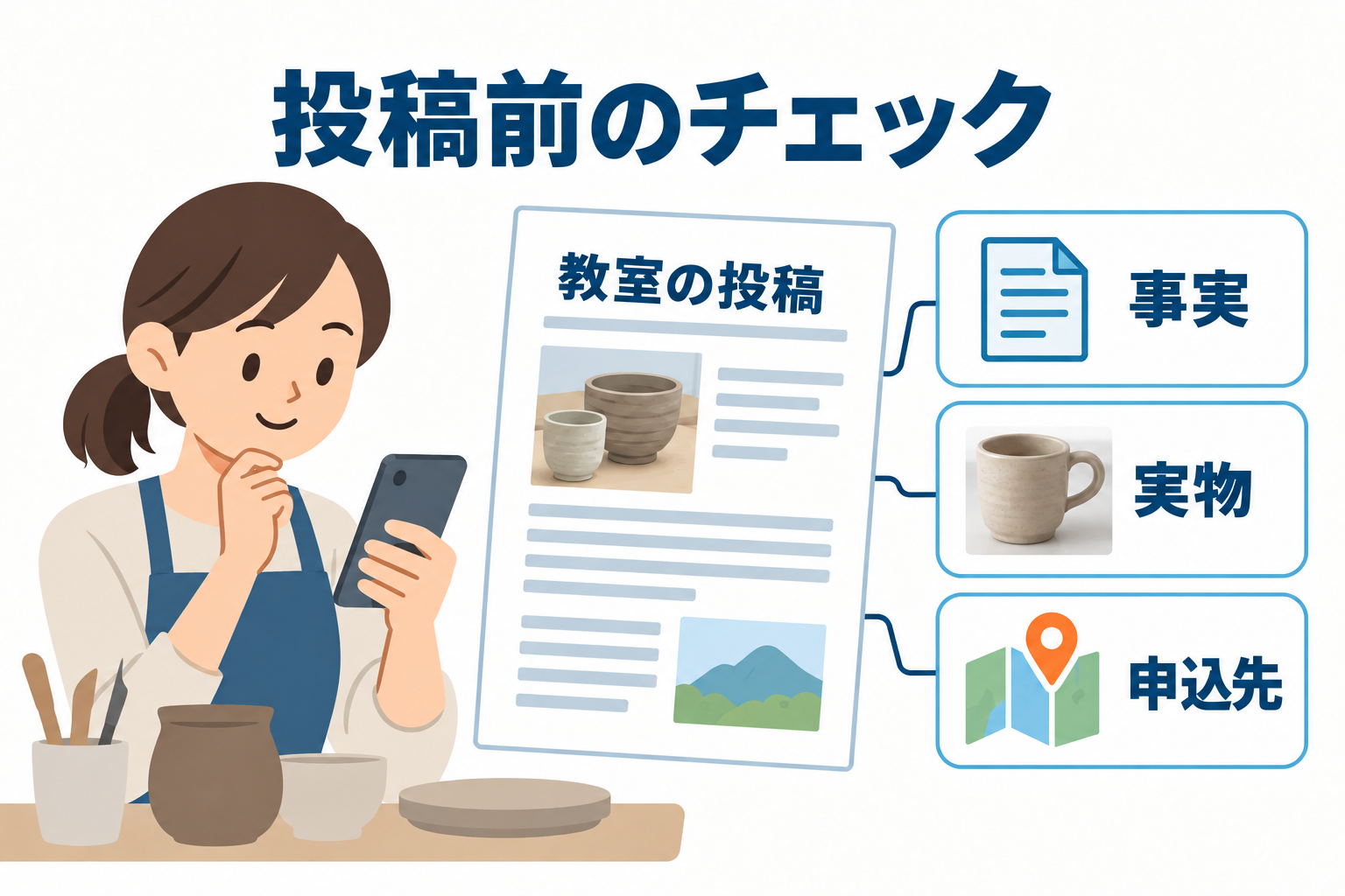 教室の事実、作品の実物、申し込み先を確認します。見た目が整ったあとも、条件の照合は講師が行います。