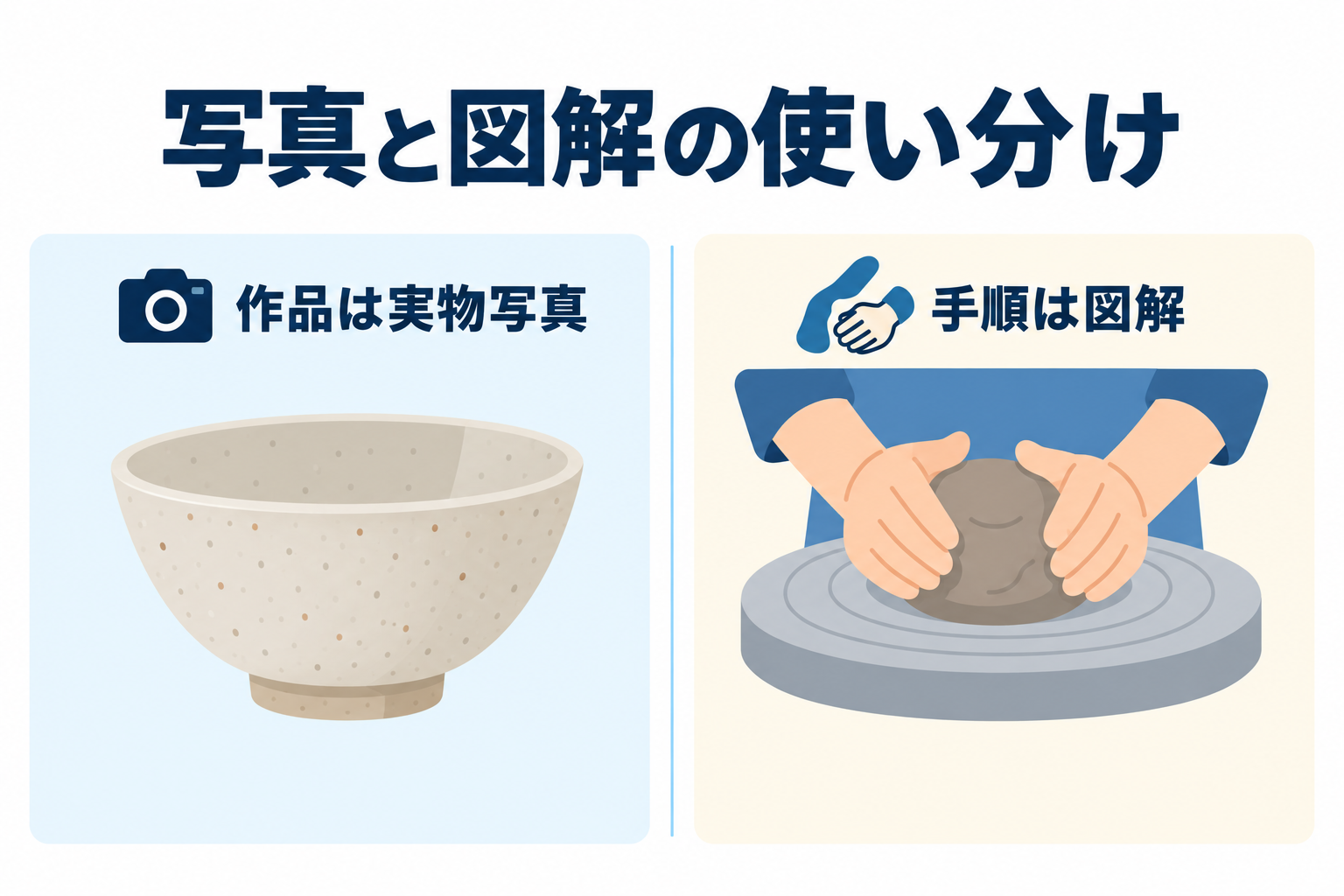 作品そのものは実物の写真、工程や準備は説明用の図解。伝える役割を分けて使います。