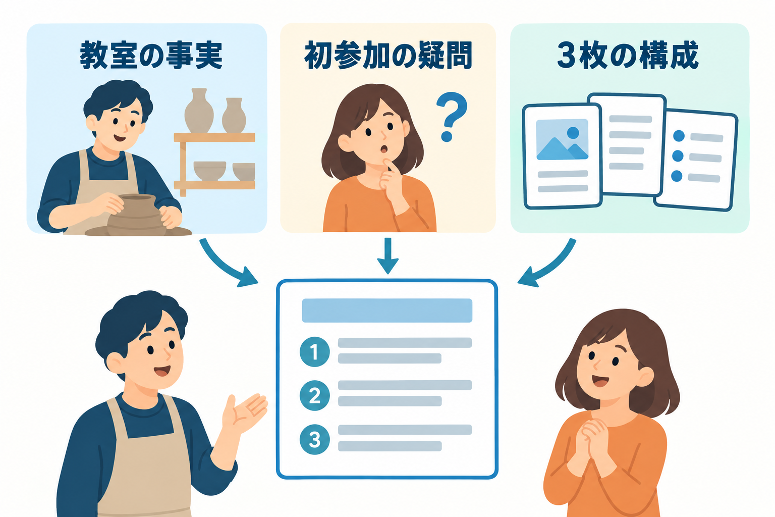 教室の事実、初参加の疑問、三枚の役割を渡します。読み手と構成を一緒に指定するのがポイントです。