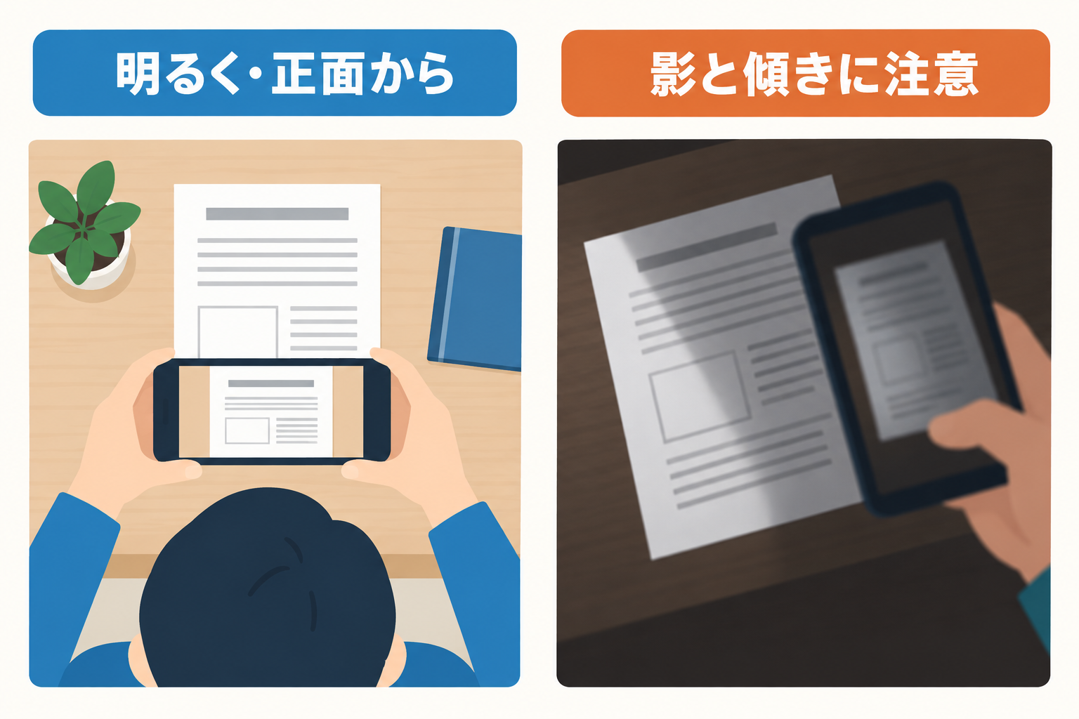 明るく正面から撮る例と、影や傾きがある例。読み取らせる前に、写真そのものを見直します。