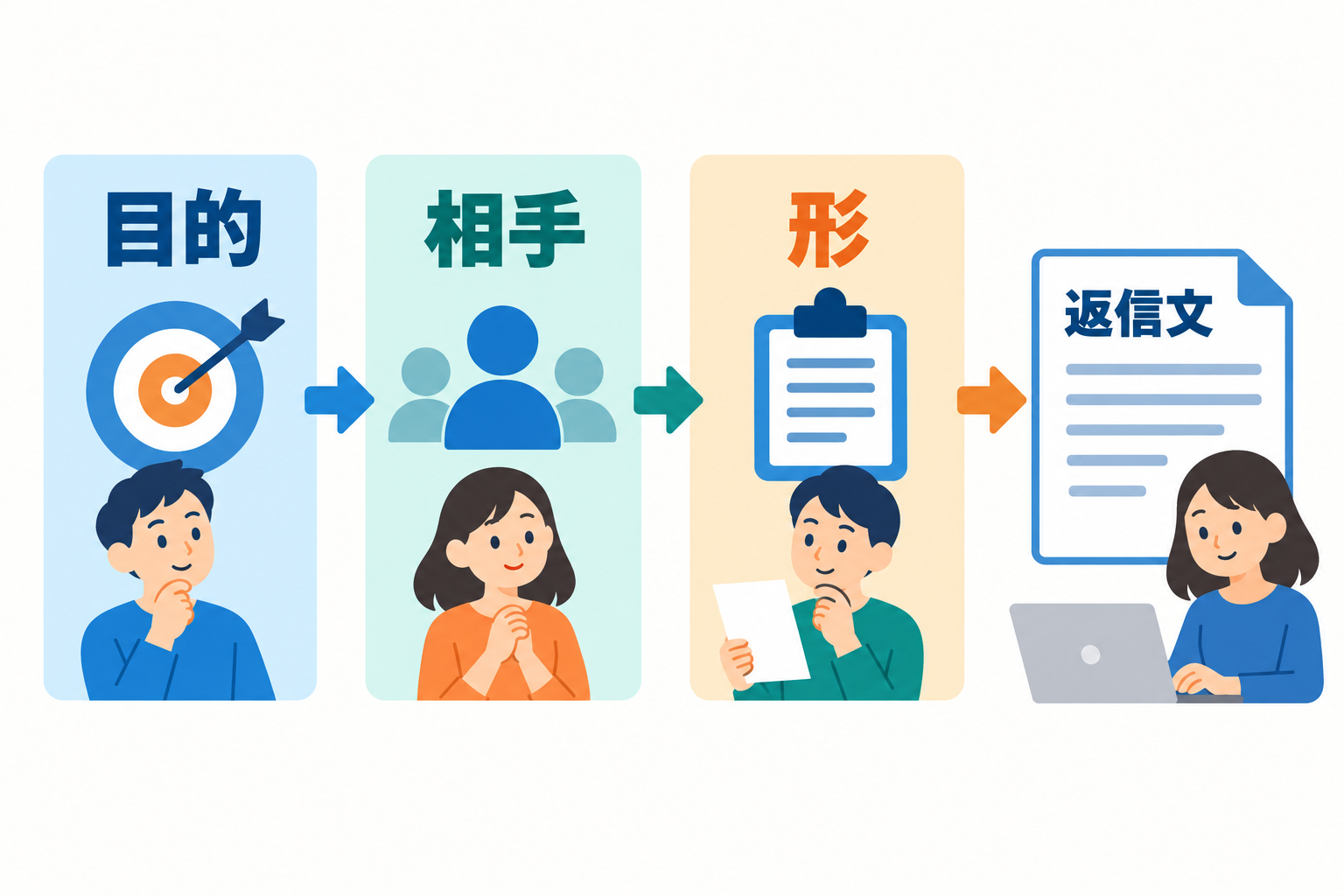 目的、相手との関係、返事の形を分けて考えます。三つとも細かい専門用語で書く必要はありません。