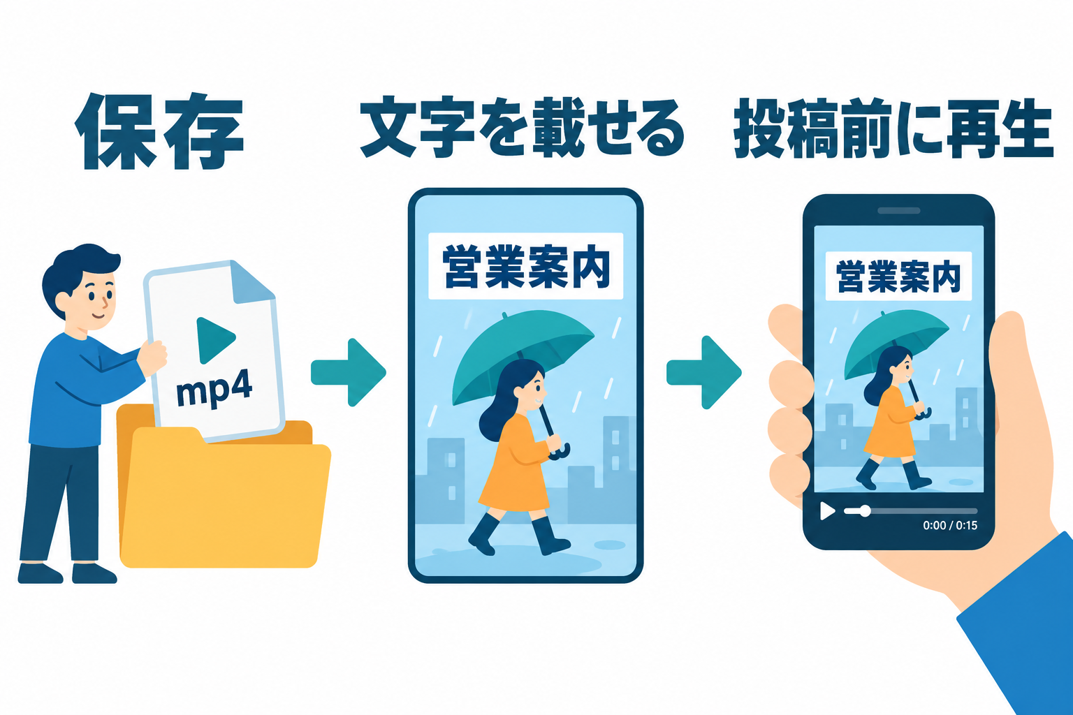 保存して文字を載せ、投稿前にスマホで再生する流れ。実際に作る長さは、選ぶモデルと用途に合わせます。