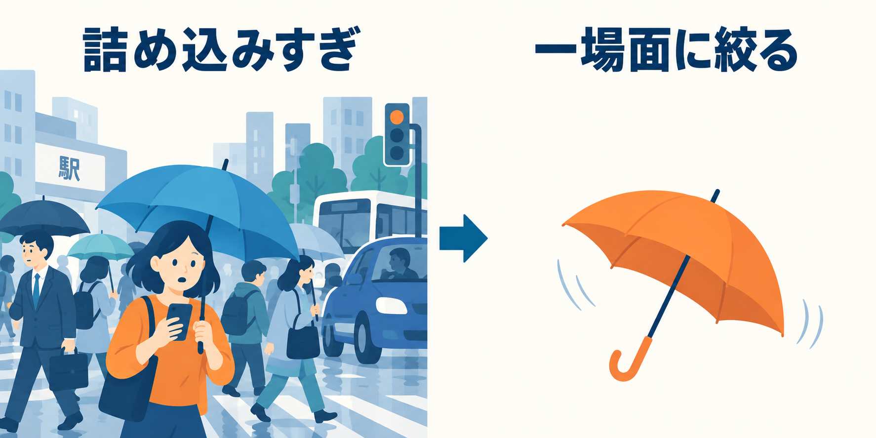要素が多い場面と、一つの動きに絞った場面の比較です。最初は、直したい場所が見つけやすい構成から。