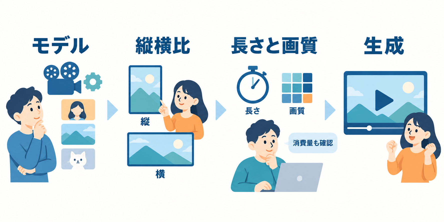 モデル、縦横比、長さと画質、消費量を先に確認する流れ。画面を再現した画像ではなく、確認する順番を示しています。