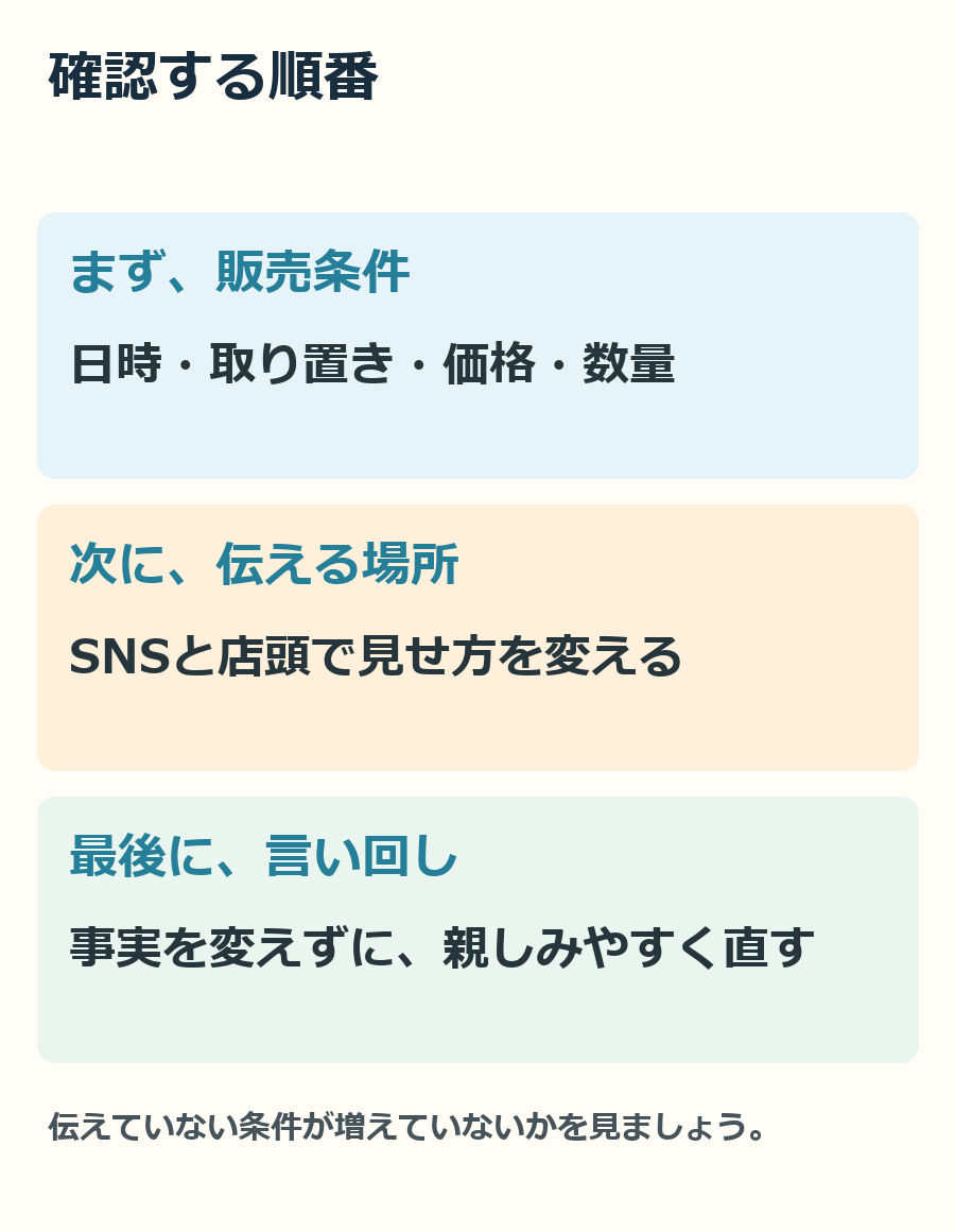 日時・取り置き・価格・数量を確認してから、言い回しを整える順番です。
