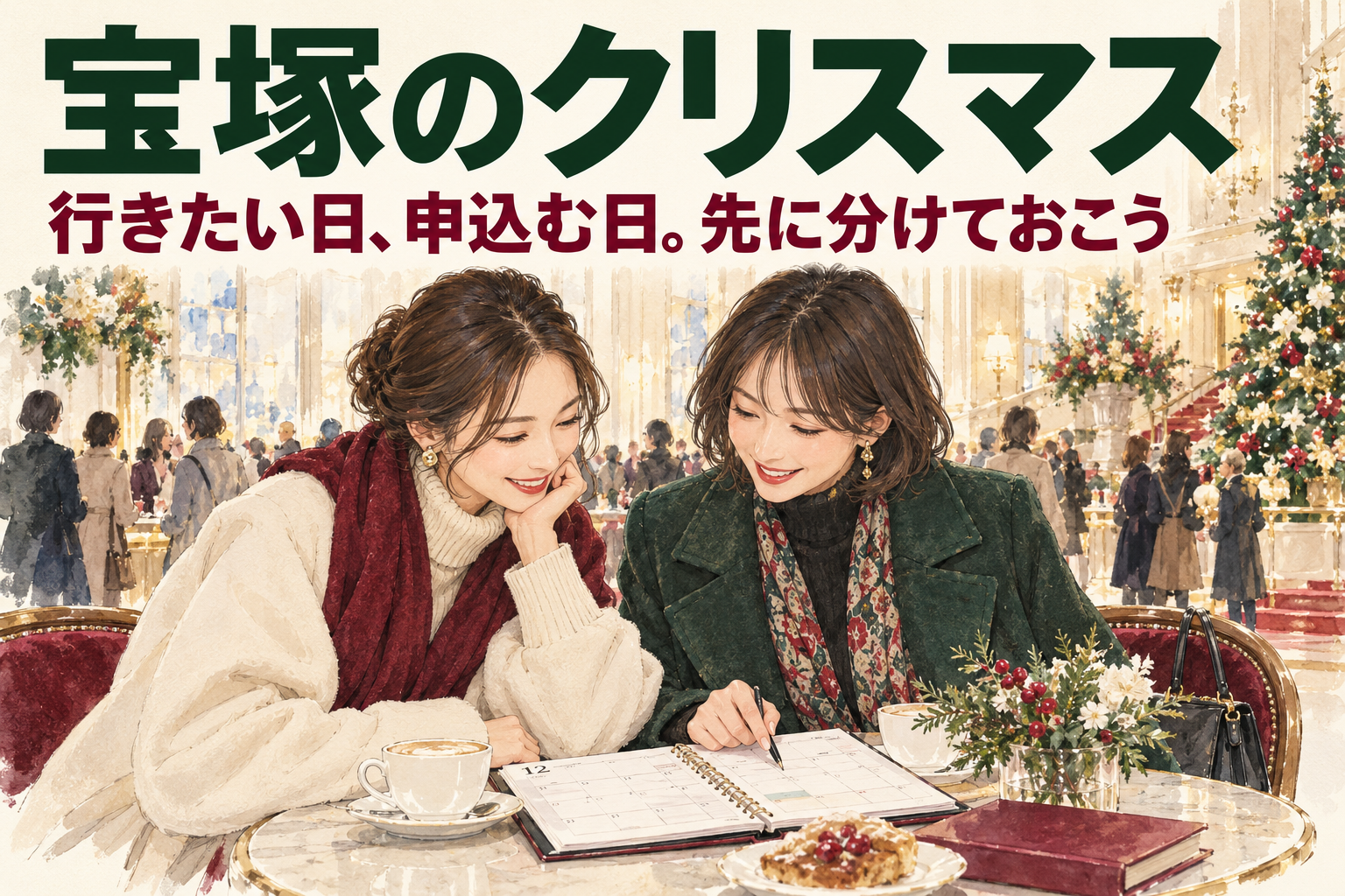 冬の宝塚のお出かけと申込日を、手帳で相談する二人のオリジナルイラスト