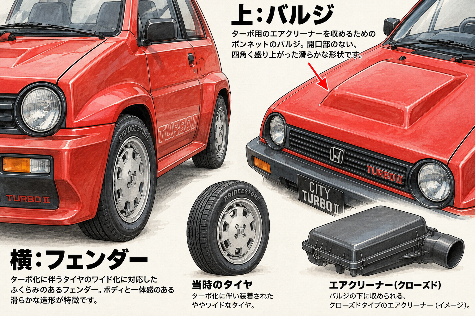 タイヤ周りのフェンダーとボンネット上のバルジを別々に見る車体イラスト