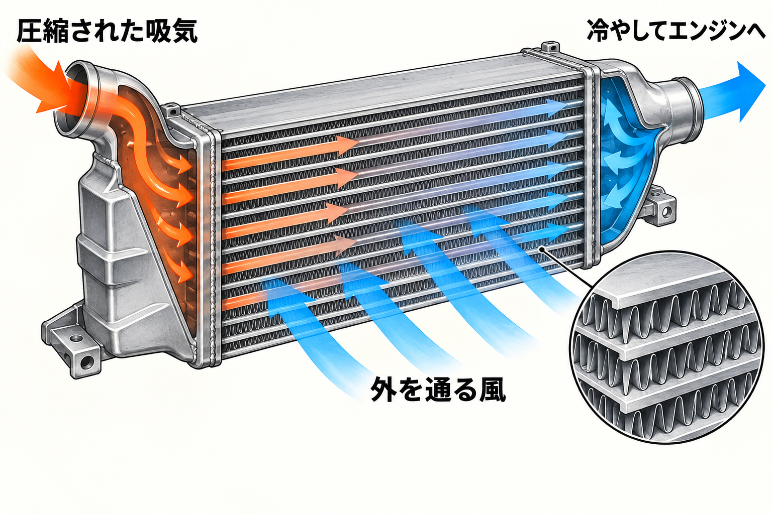 内部の圧縮吸気と外側の冷却風を分けたインタークーラーの機能イラスト