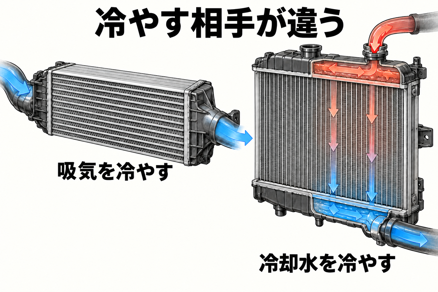 吸気を冷やすインタークーラーと冷却水を冷やすラジエーターの役割の比較