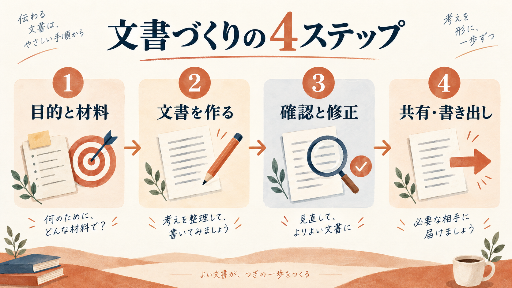 文書づくりの4ステップ：1目的と材料、2文書を作る、3確認と修正、4共有・書き出しを示すオリジナル図解