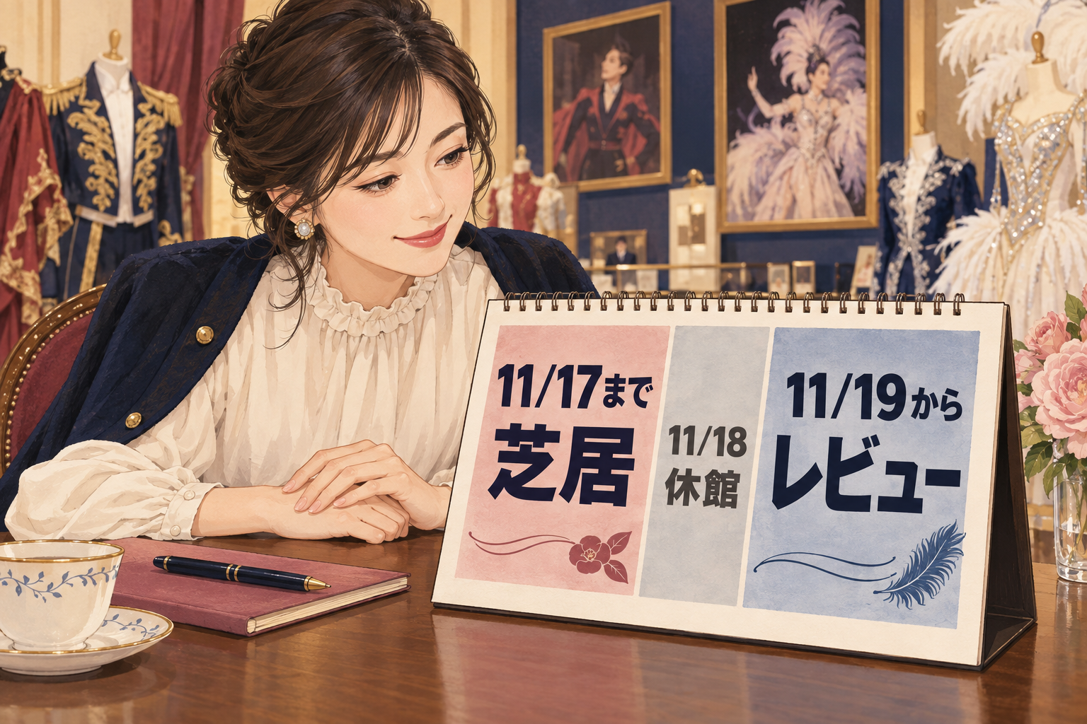 11月17日までの前期、18日の休館、19日からの後期を確認するイラスト