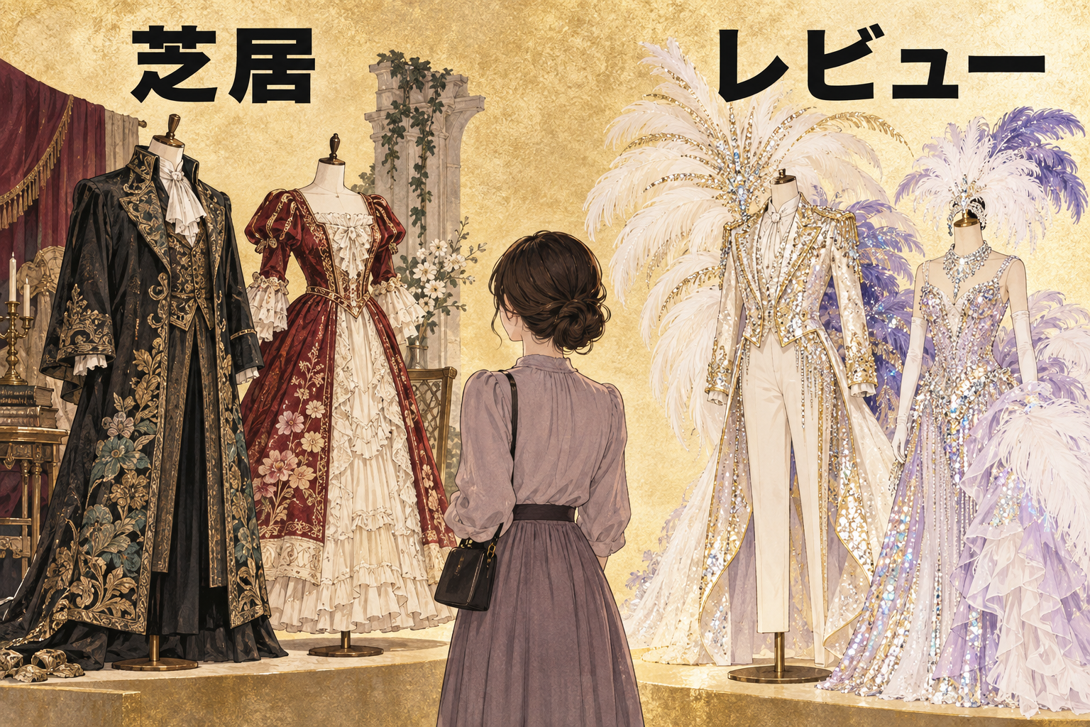 芝居とレビューをテーマにした架空の衣装を見比べるイラスト