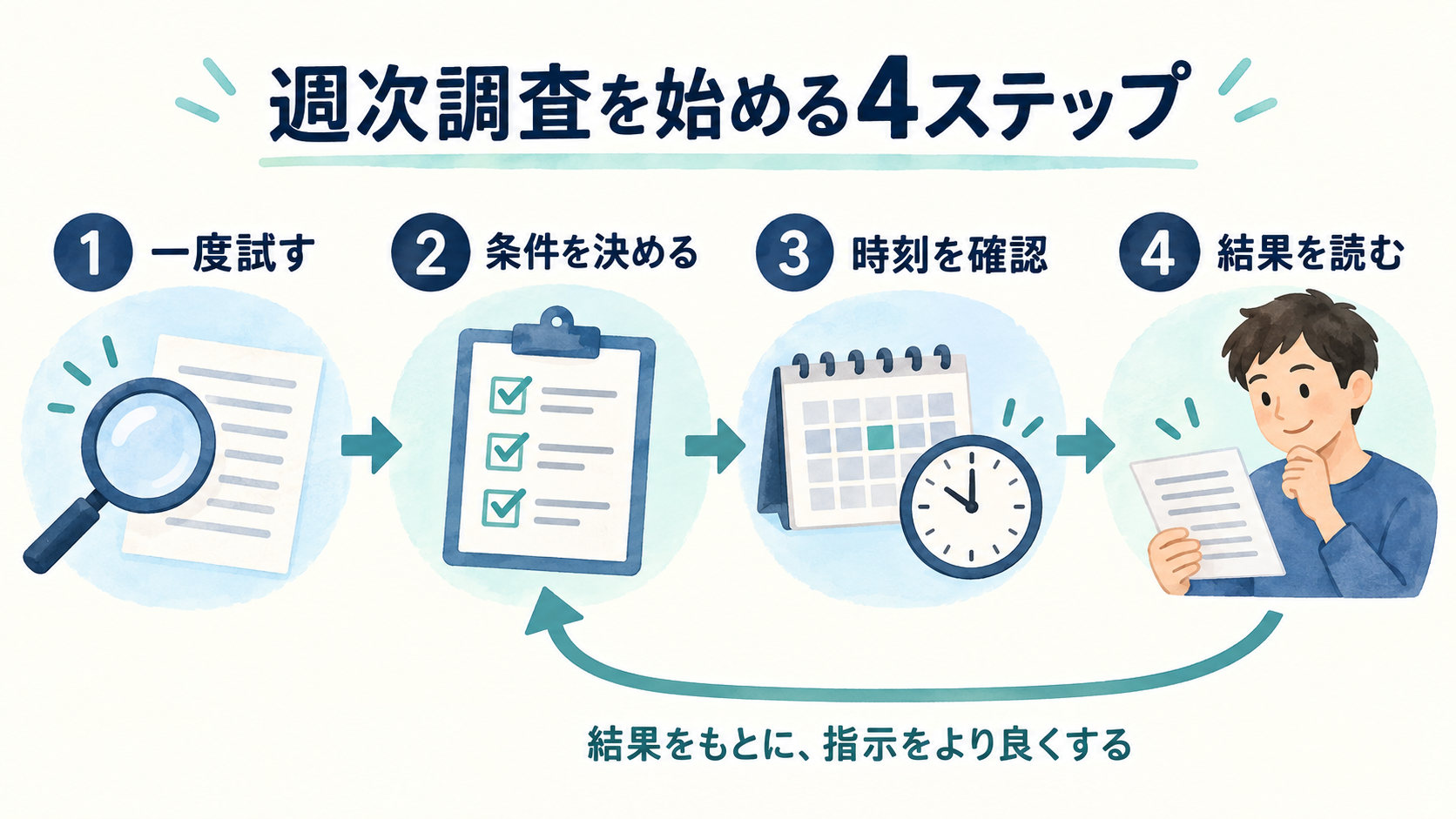 週次調査を一度試し、条件・時刻・結果を確認する4ステップの図解