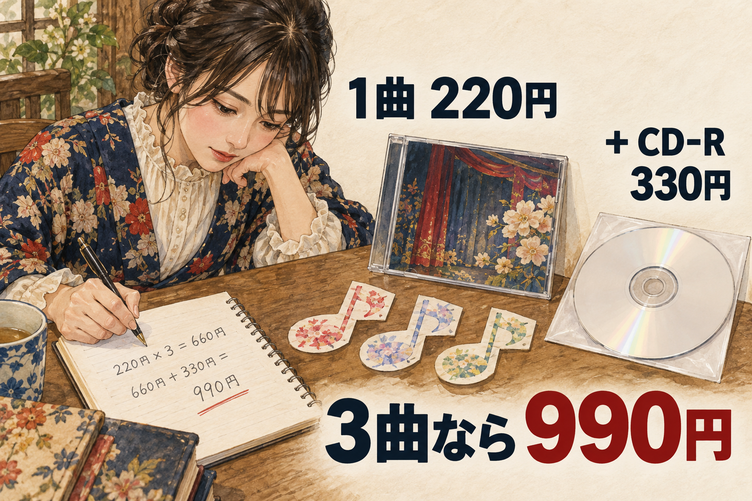 単曲220円を3曲とCD-R代330円で合計990円になる計算例