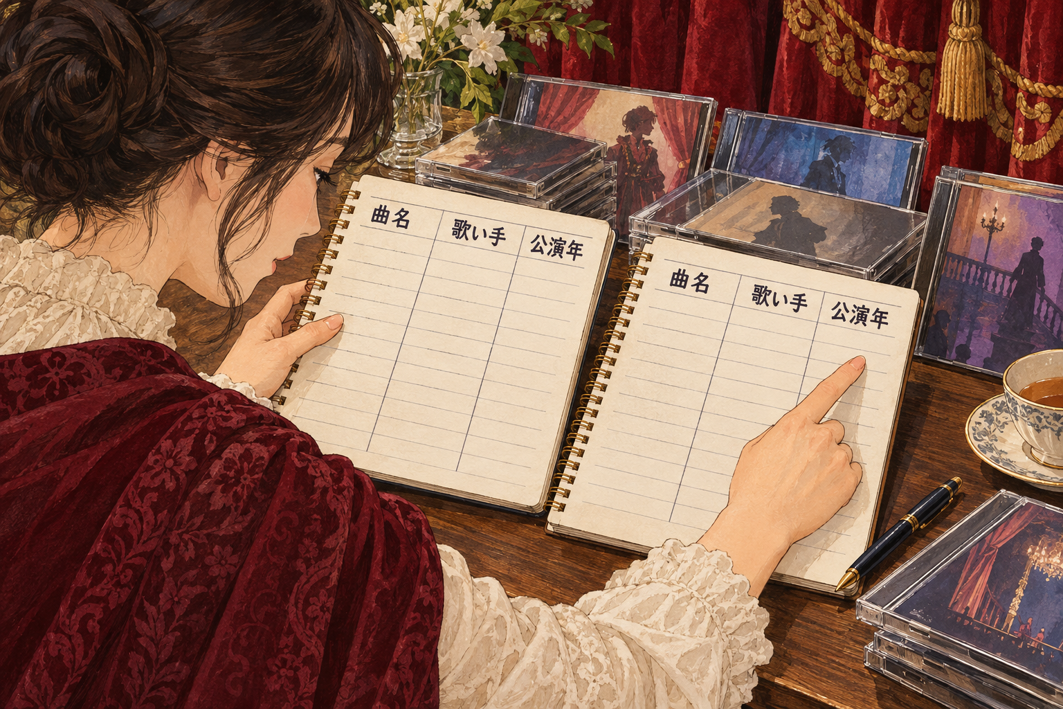 曲名、歌い手、公演年をノートで照合する選曲の準備例