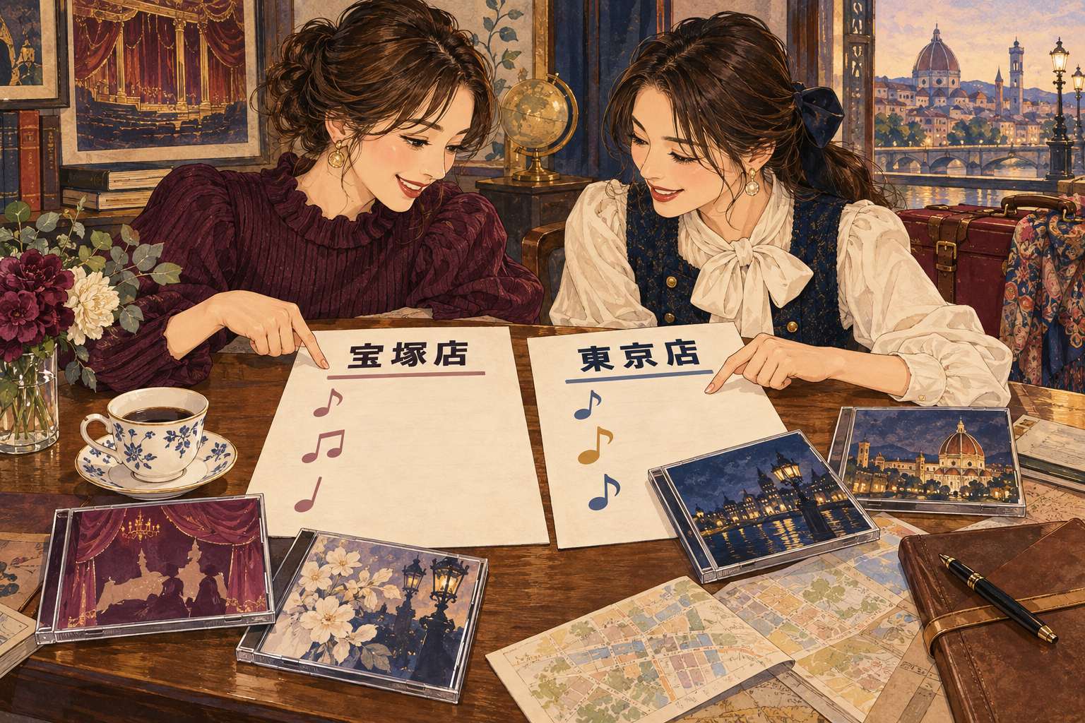 宝塚店と東京店それぞれのリストを調べる二人の女性