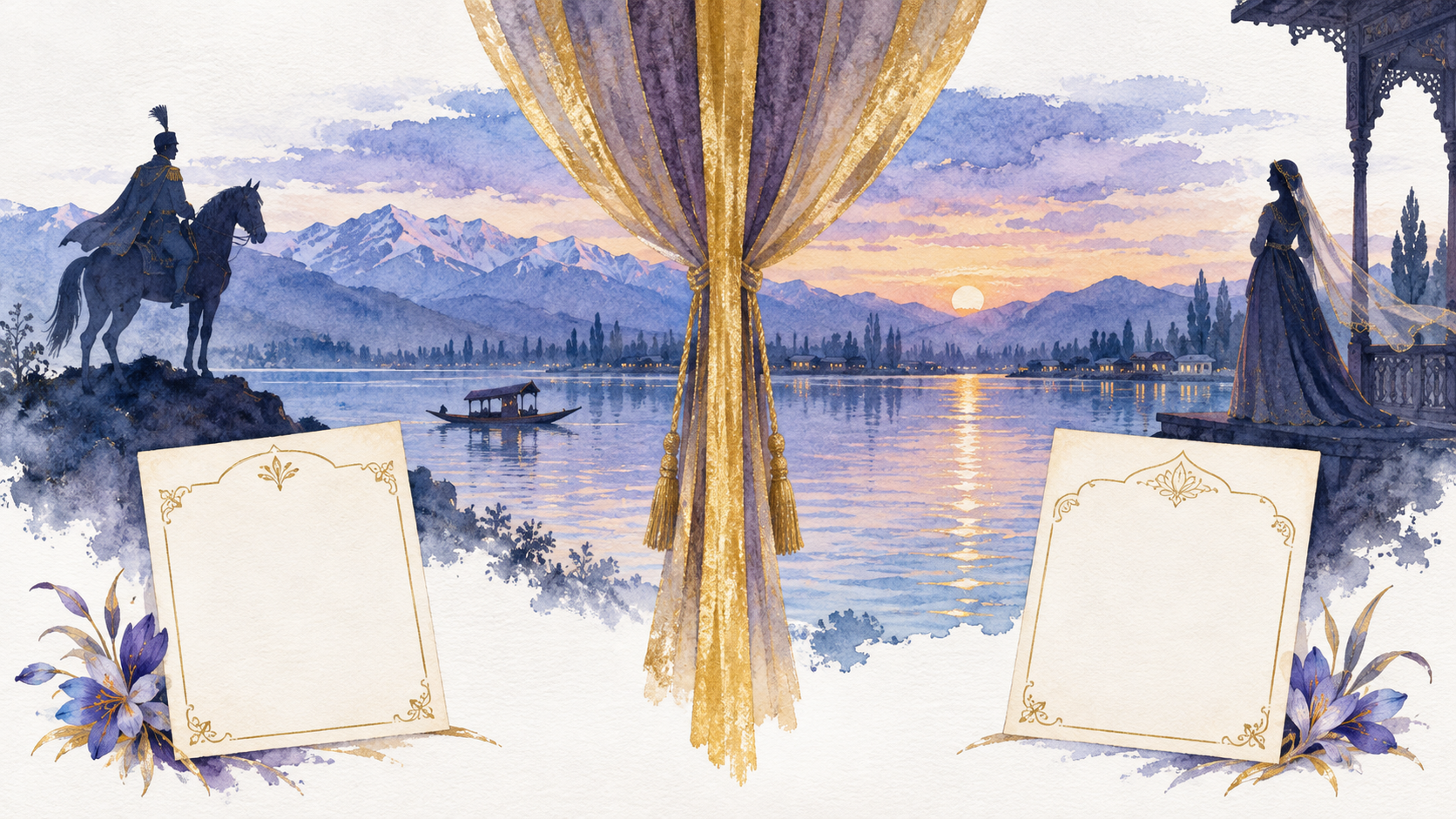 ダル湖と二つの配役カードをモチーフにした水彩イラスト