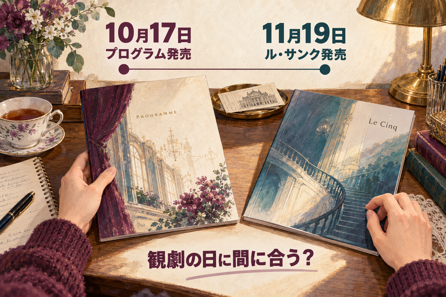 10月17日のプログラム発売と11月19日のル・サンク発売を、本を読む場面と並べた時系列イラスト