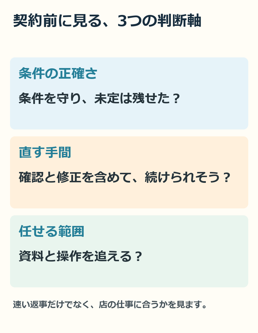 契約の判断は、モデルの名前よりも条件の正確さ・直す手間・任せる範囲で考えます。