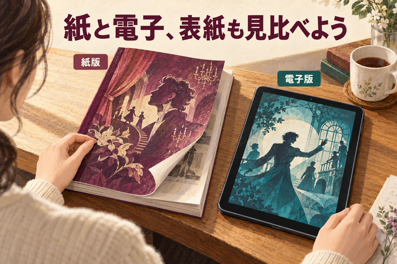 紙の本とタブレットで、表紙の構図が異なることを示した説明用イラスト