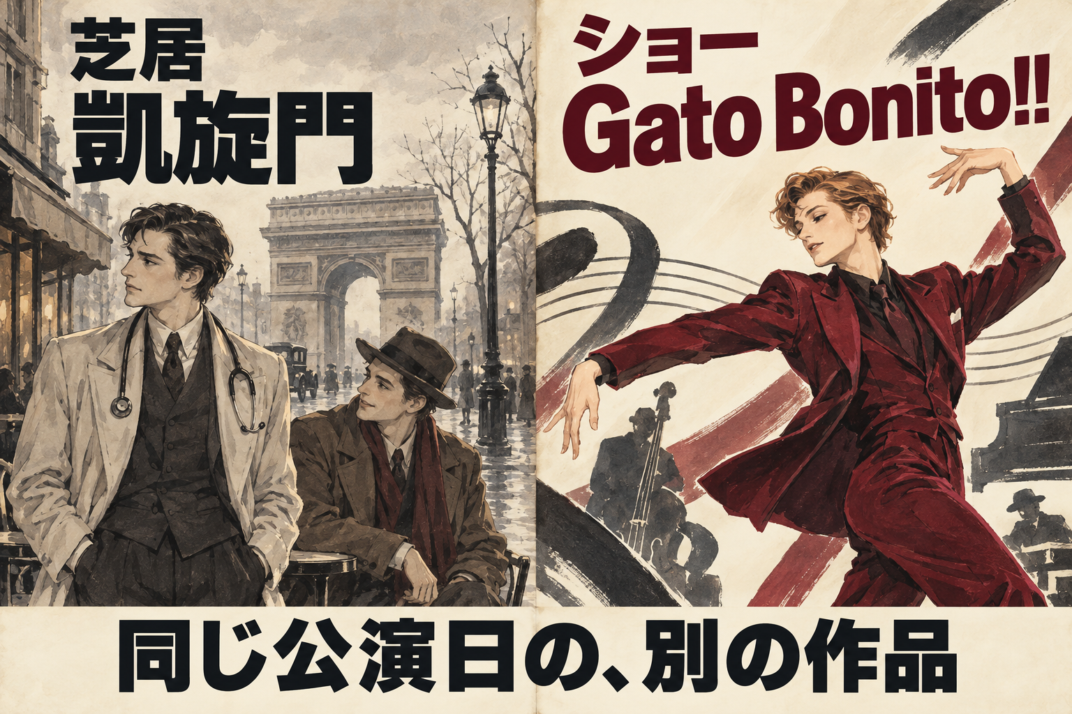 芝居の凱旋門とラテンショーGato Bonitoを別々に楽しむイラスト