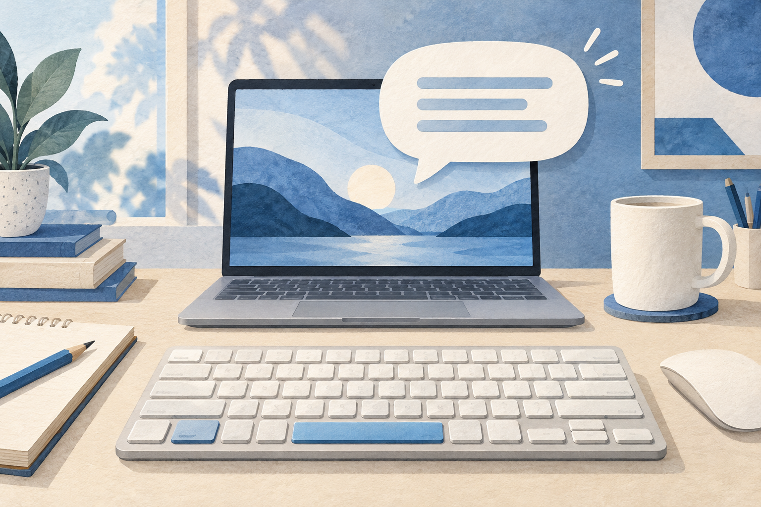 キーボードと相談の吹き出しを描いたデスクトップAIのイメージ