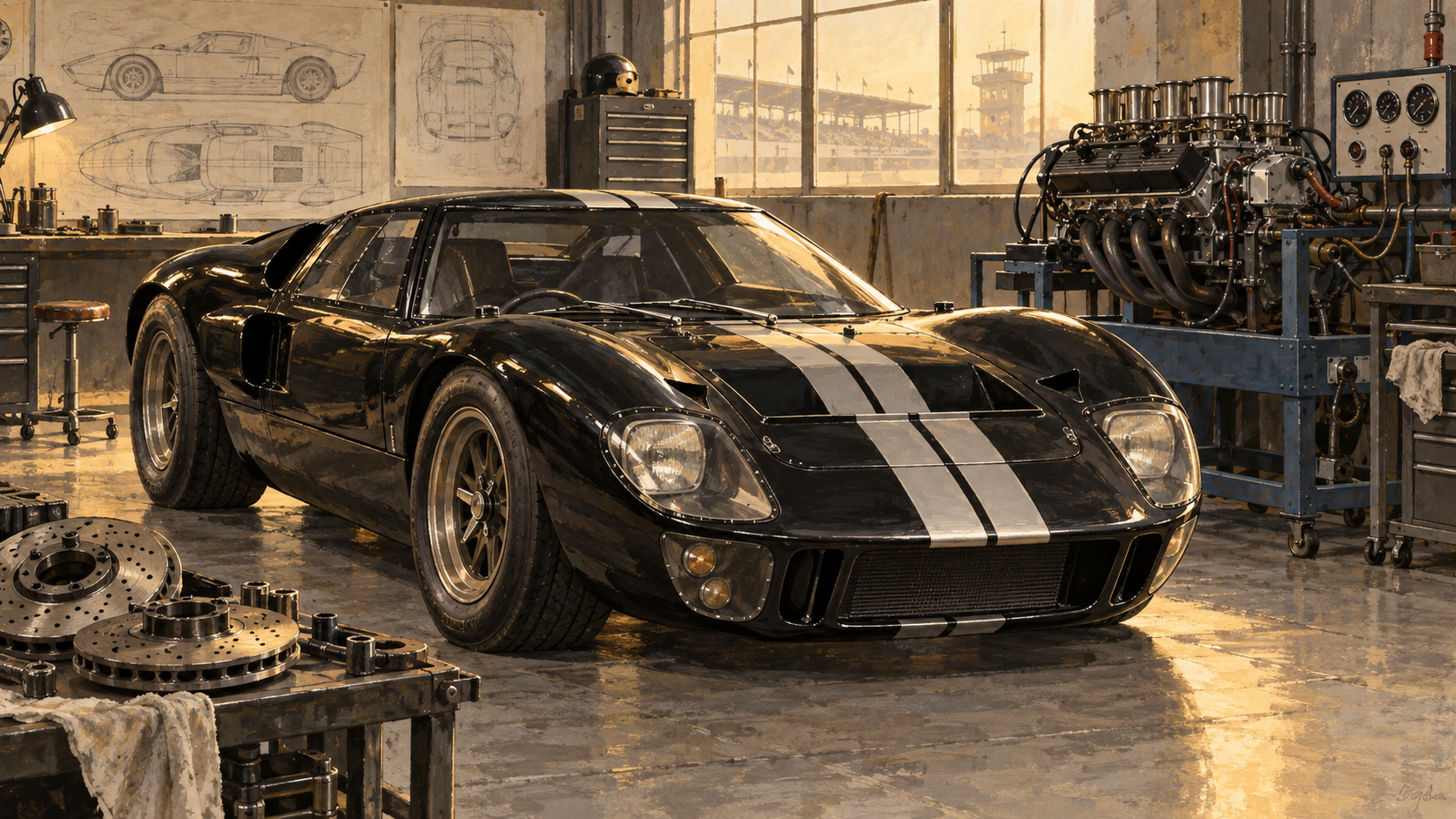 GT40 Mk IIと試験用エンジン、ブレーキを描いたオリジナルイラスト