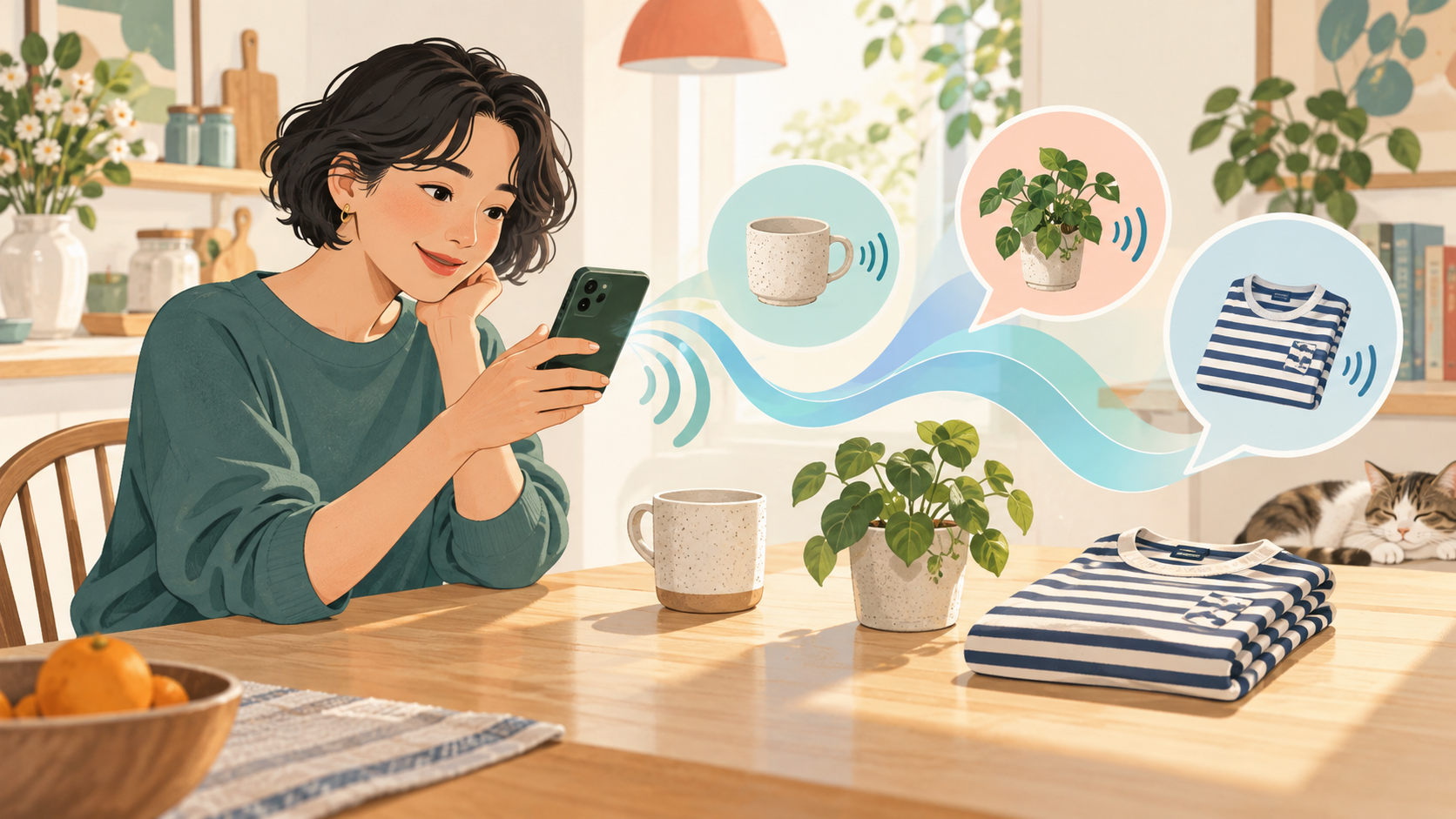 カメラを通じて日用品を音声で説明する視覚支援のオリジナルイラスト