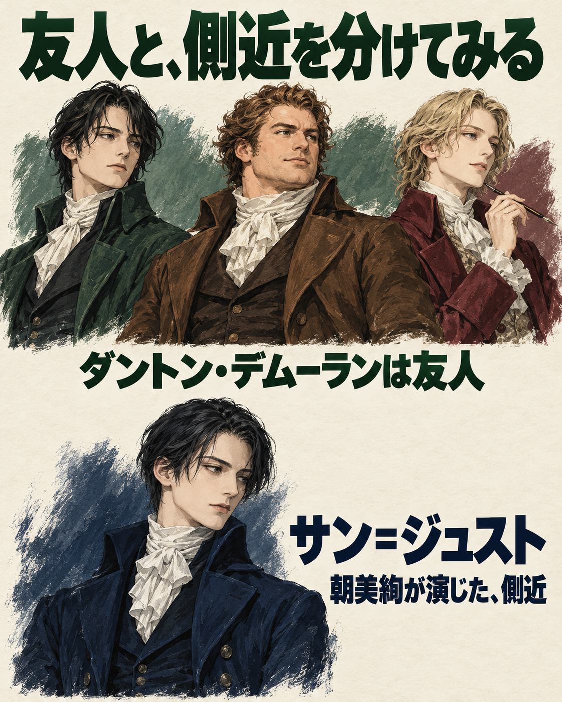 友人二人と、側近サン=ジュストを分けて覚える人物イラスト