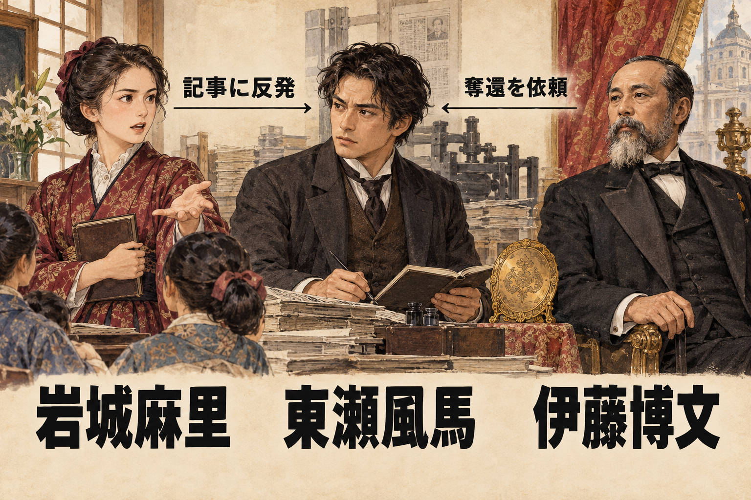 風馬の記事に反発する岩城麻里と、風馬へ皿の奪還を頼む伊藤博文の人物関係