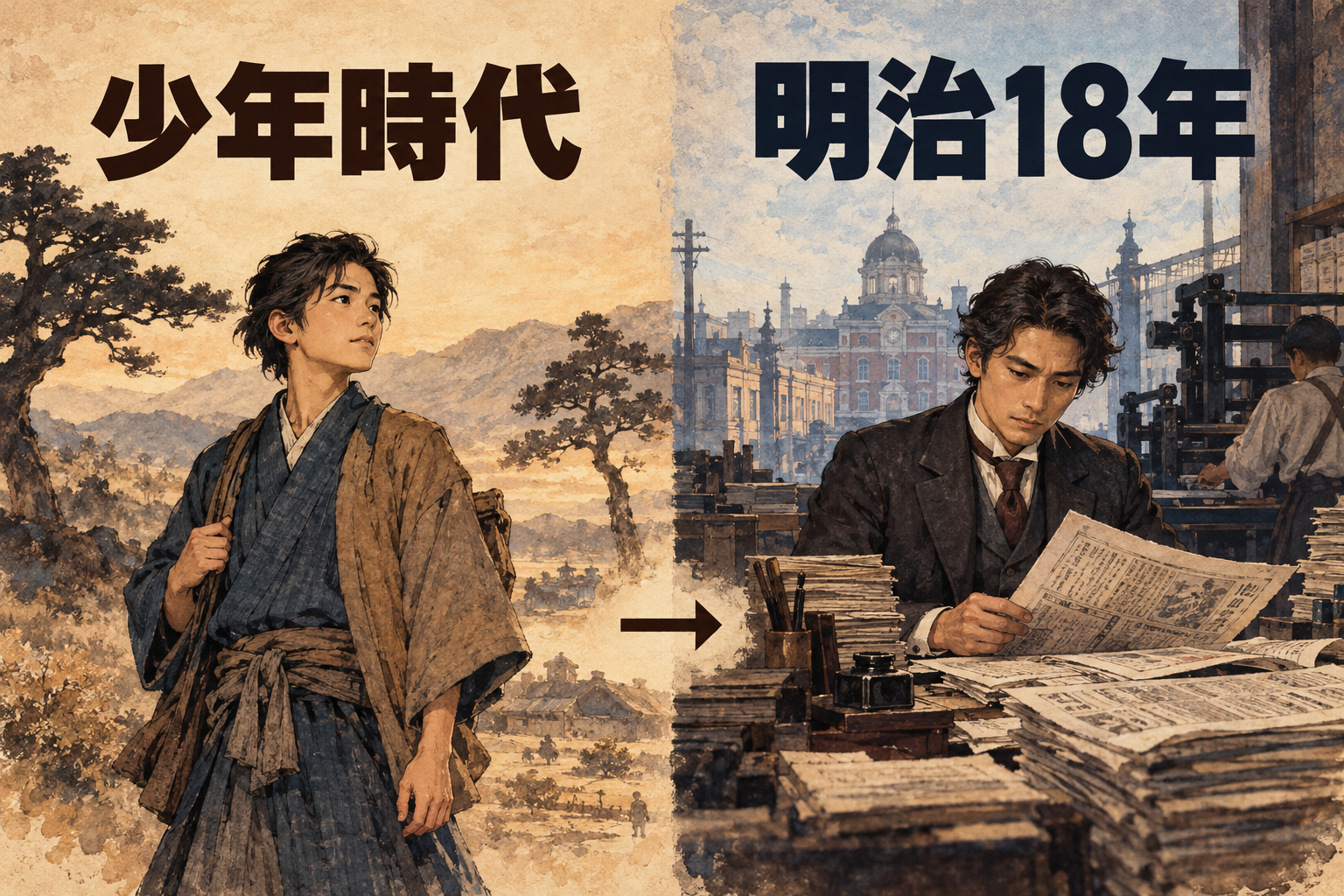 少年時代の風馬と明治18年の新聞記者となった風馬を並べた来歴のイメージ