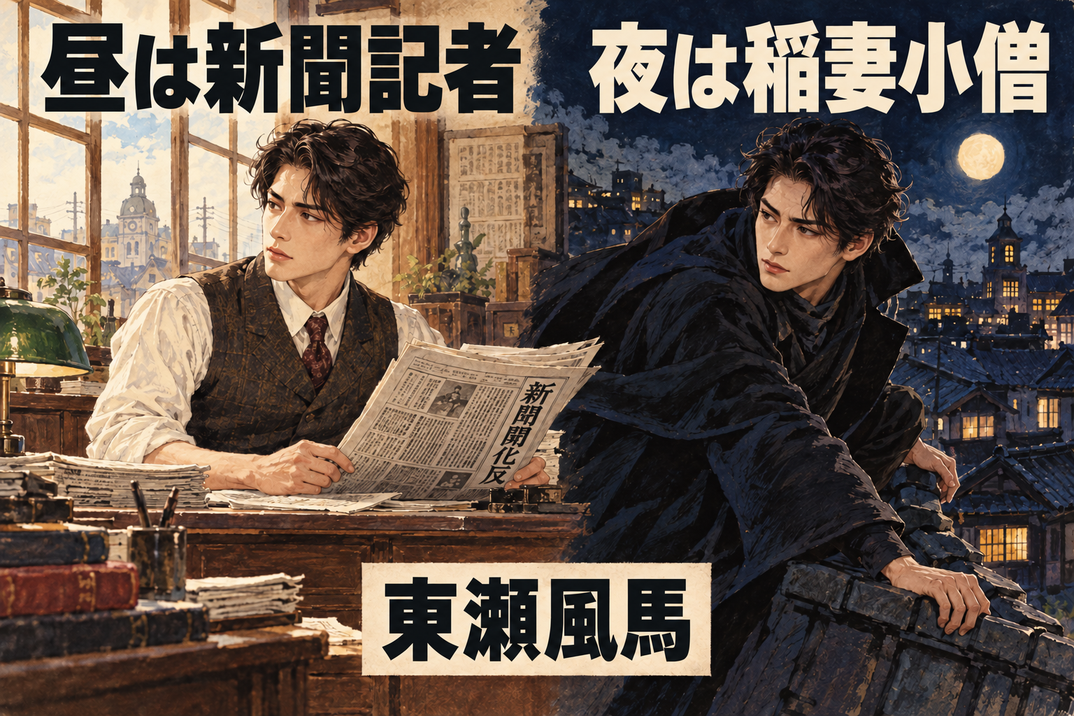 東瀬風馬が昼は新聞記者、夜は稲妻小僧として活動する人物イラスト
