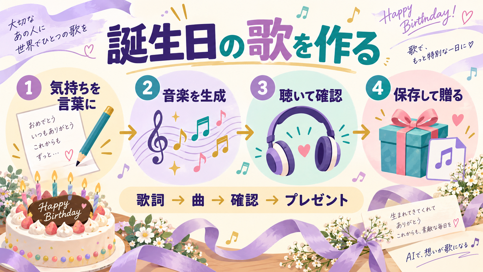 誕生日の歌づくりを、気持ちを言葉にする、音楽生成、試聴確認、保存の四段階で示したオリジナル図解