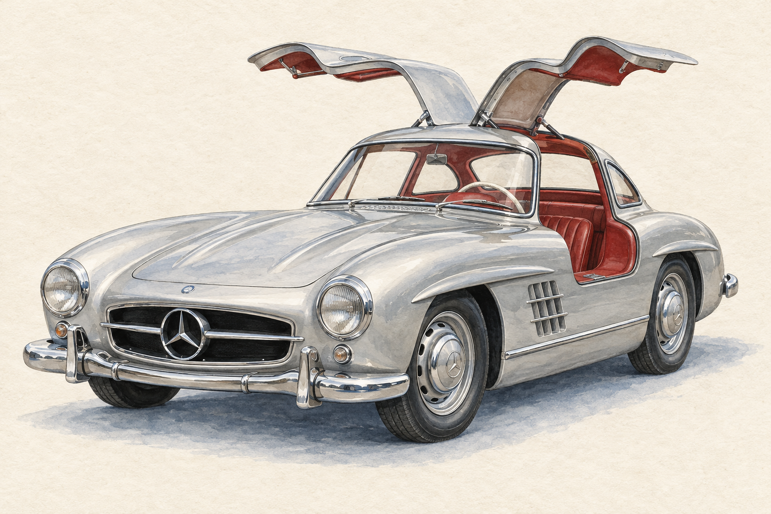 ガルウイングドアを開いた銀色のメルセデス・ベンツ300 SLを描いたオリジナルイラスト