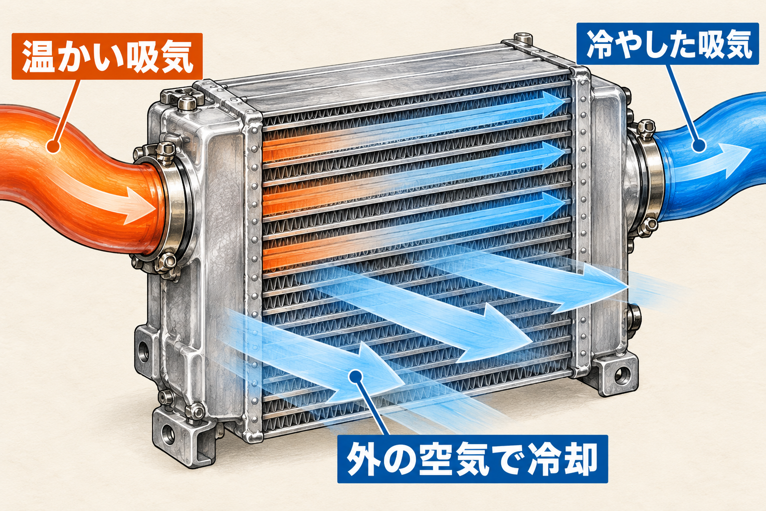 温かい吸気と冷えた吸気、フィンを通る外気を分けた空冷式インタークーラーの図